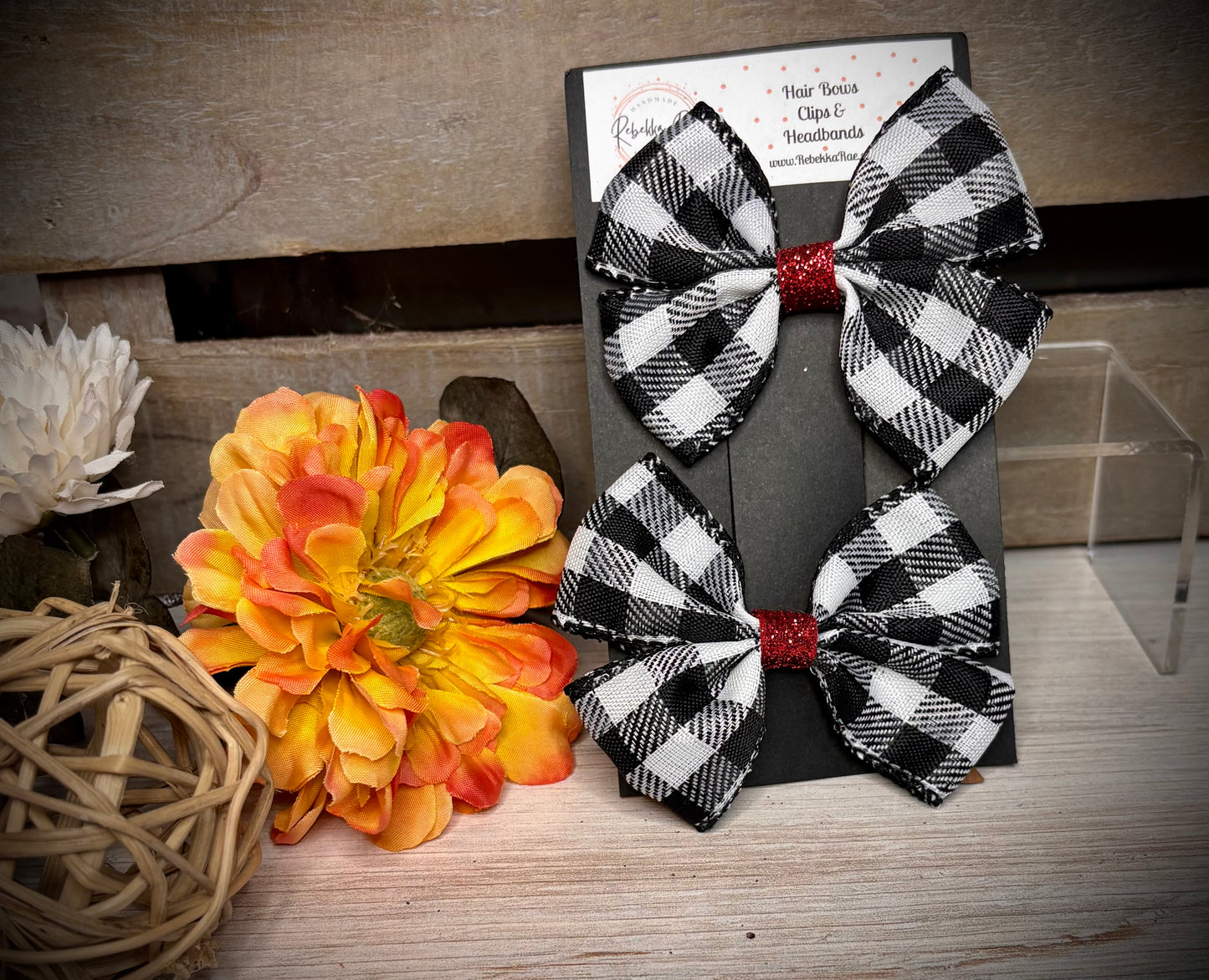 153- Black/White Plaid with Red Glitter Hairbows