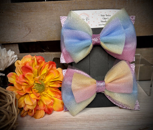 123- Triple Pastel & Purple Glitter Tulle Hairbows