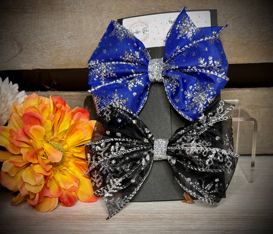 167- Black & Blue Organza Snowflakes Hairbows