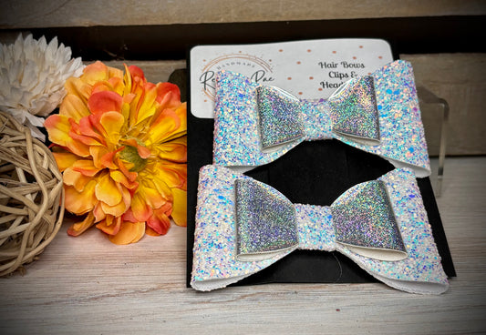 169- White Glitter Holographic Double Hairbows