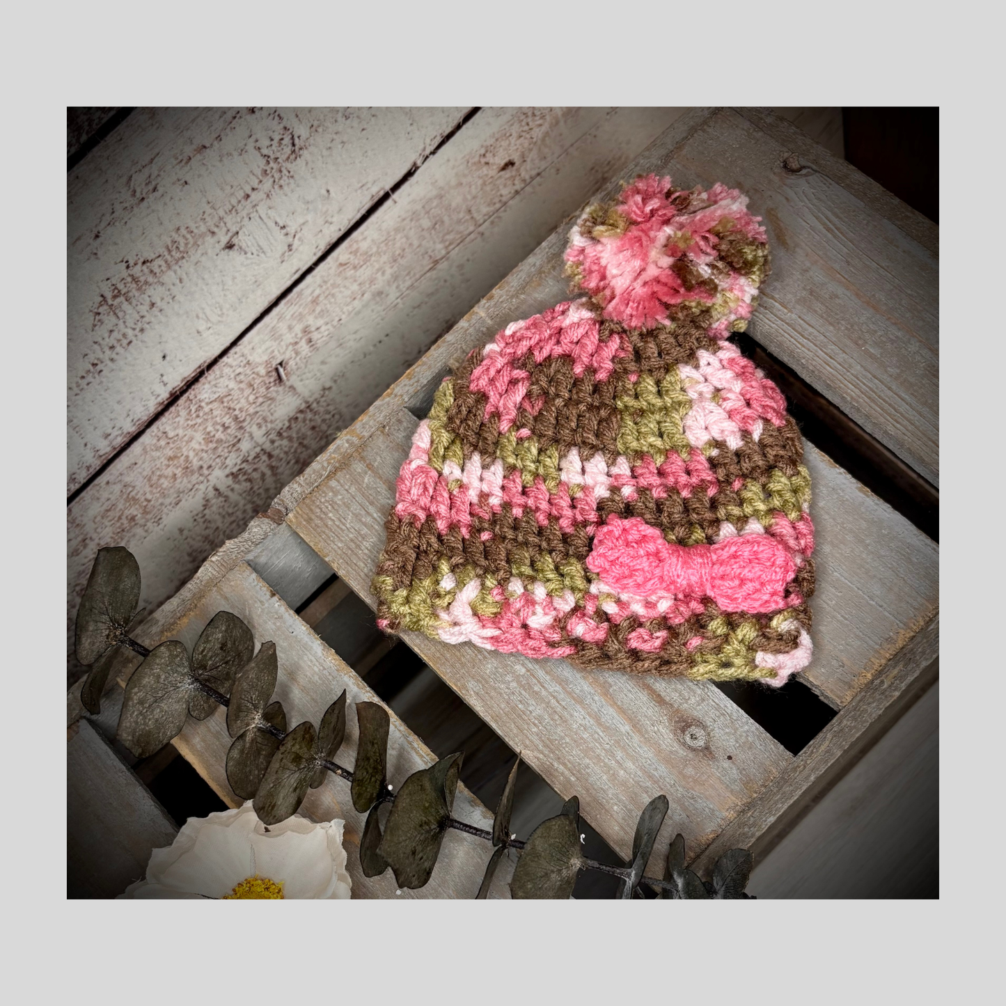 Newborn Pink Camo Hat with Pom
